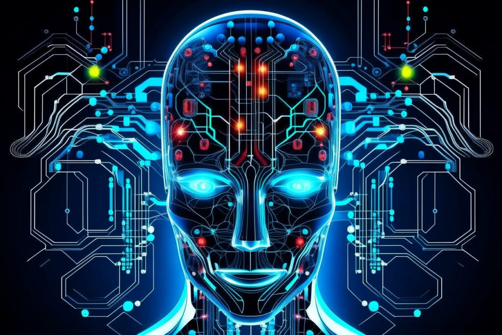 A close-up portrait of a robot's face, its metallic features illuminated by artificial intelligence, showcasing the potential of AI for human advancement.